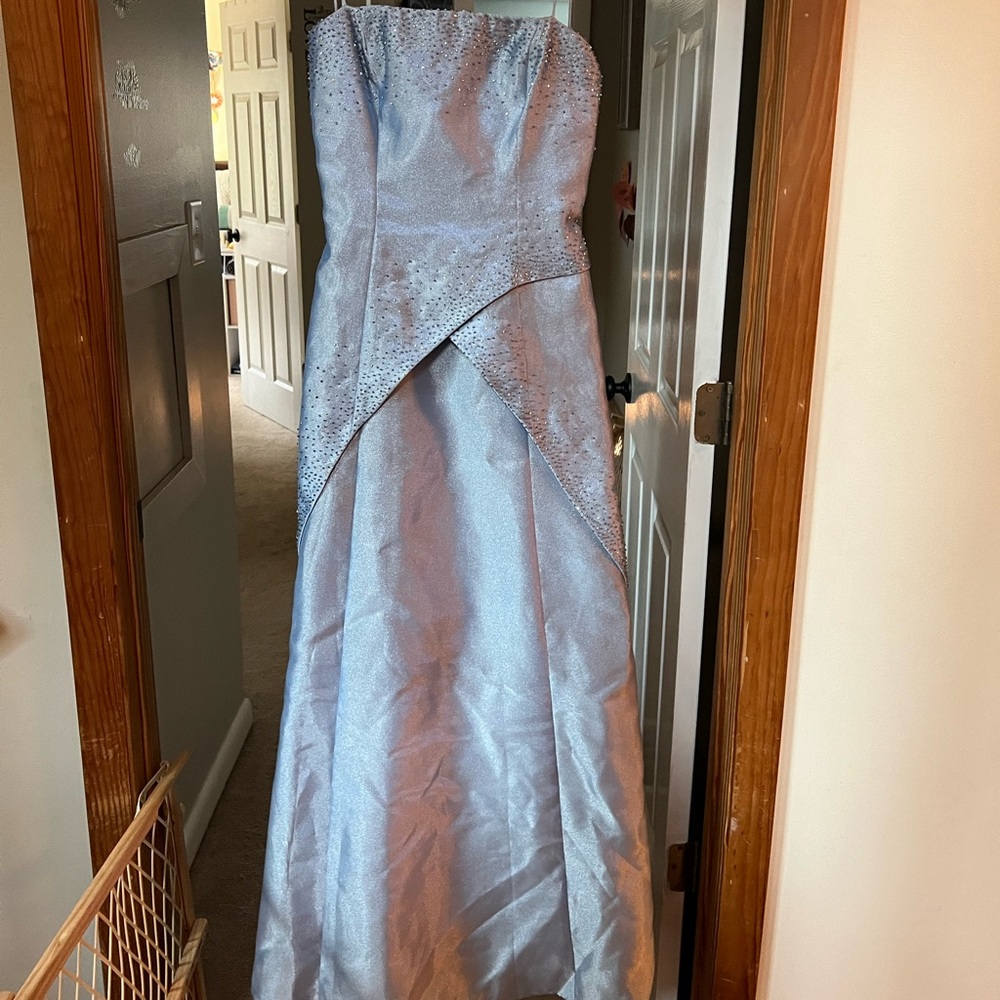 Betsy & Adam prom dress. Shimmery light blue with beading. Spaghetti straps